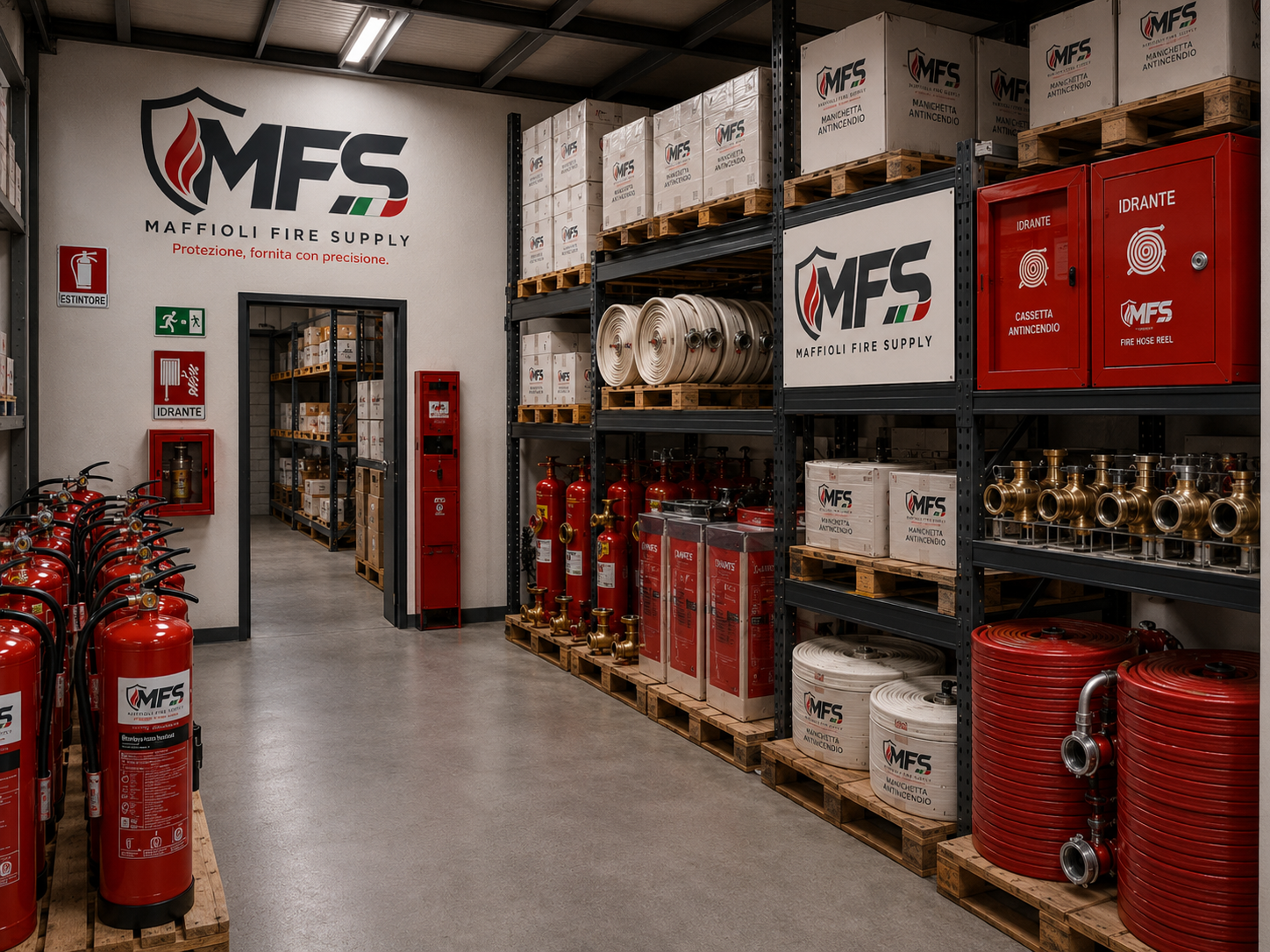 Magazzino MFS con prodotti antincendio: estintori, manichette, cassette e valvole